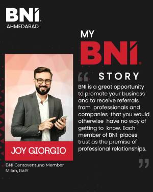 BNI Ahmedabad member Joy Giorgio portrait with testimonial