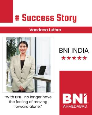 Vandana Luthra, a BNI India member, featured in a success story graphic.