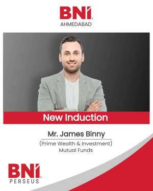 Portrait of James Binny, a new member of BNI Ahmedabad, with BNI branding.