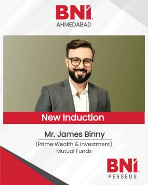 Portrait of Mr. James Binny, a new member of BNI Ahmedabad, with BNI branding.