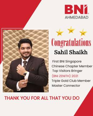 Recognition card for Sahil Shaikh, a BNI member.