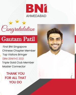 Image of Gautam Patil with BNI Ahmedabad congratulatory card