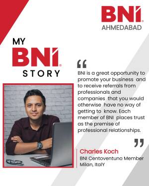 BNI Ahmedabad member Charles Koch testimonial with BNI logo