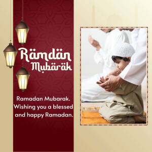Ramadan Mubarak greeting card with a father and son praying