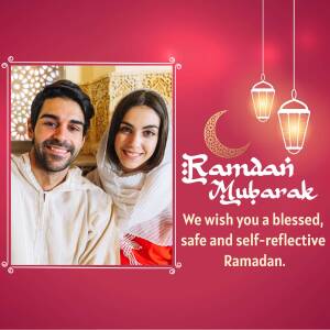 A couple celebrating Ramadan with a festive background.