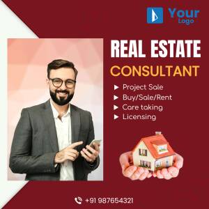Image of a real estate consultant with services listed.