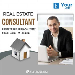 Real estate consultant with a house illustration and contact information.