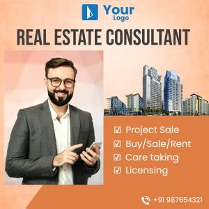 Real estate consultant with city skyline background and service list.
