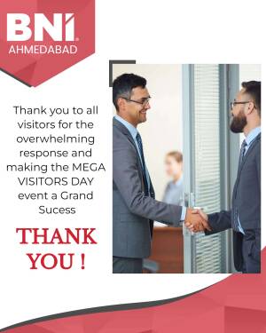 Two business professionals shaking hands with a thank you message.