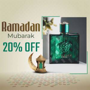 Versace Eros perfume with Ramadan Mubarak greeting and 20% off promotion
