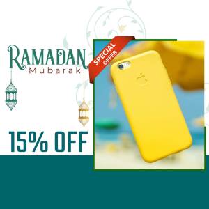 Ramadan Mubarak promotion with a yellow iPhone case and 15% off offer.