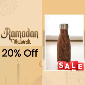 Ramadan Mubarak sale promotion with a wooden water bottle