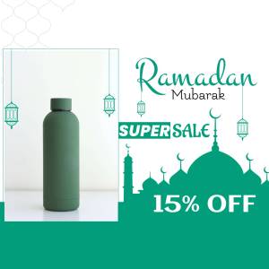 Ramadan Mubarak sale advertisement featuring a water bottle and mosque background.