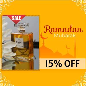 Chanel No. 5 perfume bottle with Ramadan Mubarak greeting and sale promotion.