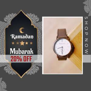 Ramadan Mubarak promotion featuring a wristwatch with a 20% discount.