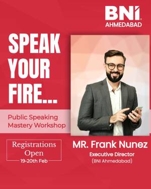 Promotional poster for a public speaking workshop by BNI Ahmedabad featuring Mr. Frank Nunez.