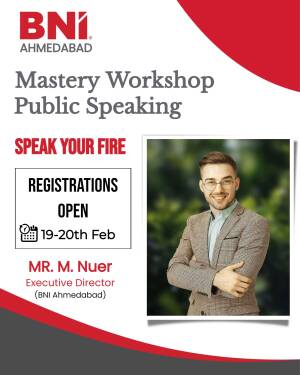 Promotional flyer for a Public Speaking Workshop by BNI Ahmedabad featuring Mr. M. Nuer.