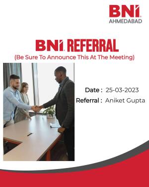 Image of a business handshake at a BNI Ahmedabad referral meeting with date and referral name.