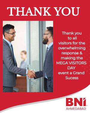 Image showing a handshake between two business professionals with text 'Thank You' and 'Mega Visitors Day' event details.