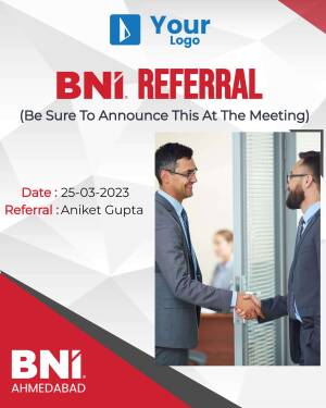 BNI Referral Meeting Announcement with handshake image