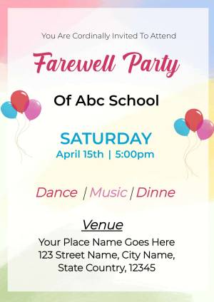 Farewell party invitation with balloons and pastel colors