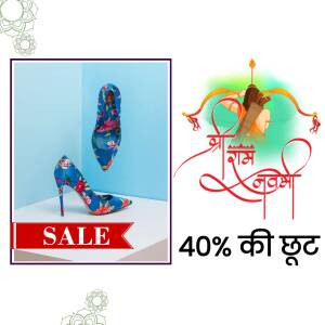 Blue floral high heels with Ram Navami festive background and sale promotion