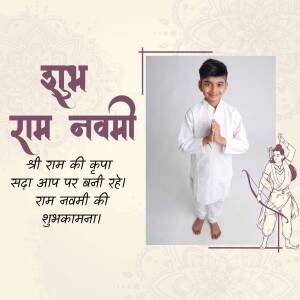 A young boy in traditional attire with a Ram Navami greeting background.