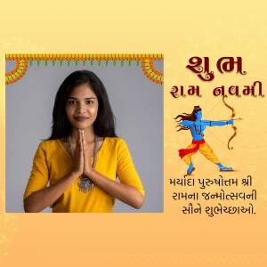 Indian woman in traditional attire with Ram Navami background
