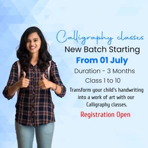 Image promoting calligraphy classes for students from class 1 to 10, registration open.