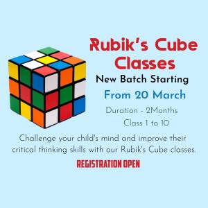 Image of a Rubik's Cube with text advertising Rubik's Cube classes for children.