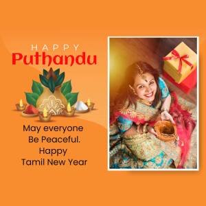 A festive image wishing 'Happy Puthandu' with a woman in traditional attire and traditional decorations.