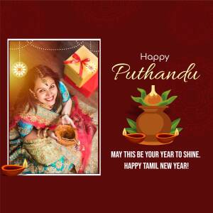 A festive image wishing Happy Puthandu, the Tamil New Year, featuring a woman in traditional attire, a gift box, and traditional decorations.