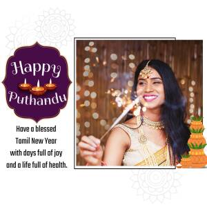 Woman celebrating Puthandu, the Tamil New Year, with sparklers and traditional decorations.