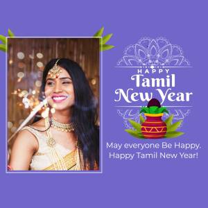 A woman celebrating Tamil New Year with festive decorations.