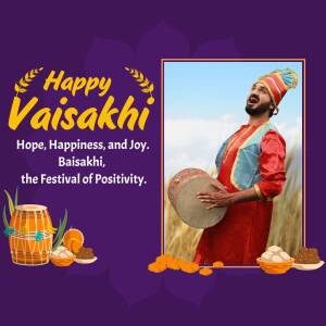 A Vaisakhi greeting with a man playing a dhol and festive decorations.