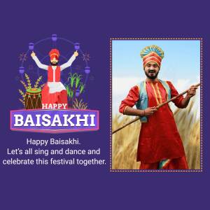 Image depicting a Happy Baisakhi greeting with people in traditional Punjabi attire and festive decorations.