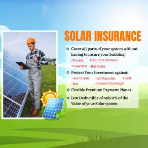 A worker inspecting solar panels with text promoting solar insurance coverage.