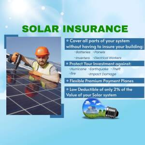 Image depicting a solar panel installer with text highlighting solar insurance benefits.