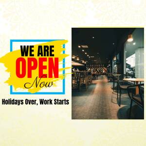 Restaurant interior with 'We Are Open' announcement