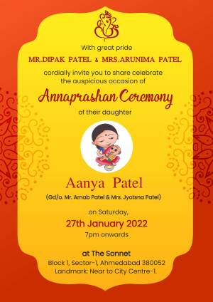 Annaprasan ceremony invitation for Aanya Patel