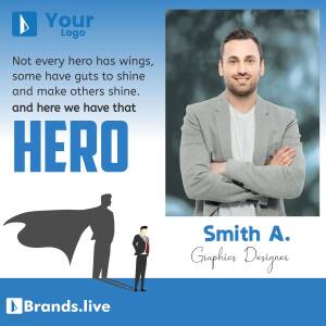 Image of a man with a motivational quote about heroism and graphics design.