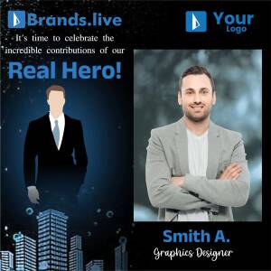Image of Smith A., a graphic designer, with Brands.live logo and cityscape background.