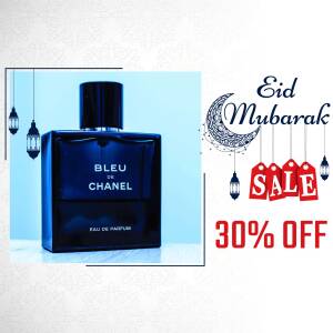 Bleu de Chanel perfume bottle with Eid Mubarak greeting and sale promotion.