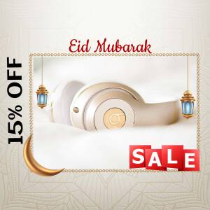 Eid Mubarak sale advertisement featuring white headphones and festive decorations.