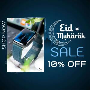 Smartwatch with Eid Mubarak greeting and sale promotion