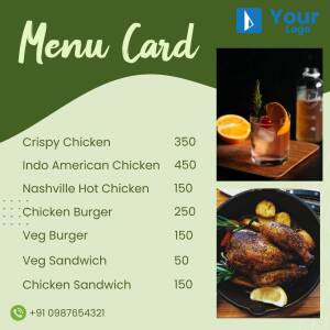 A digital menu card showcasing chicken dishes and beverages.