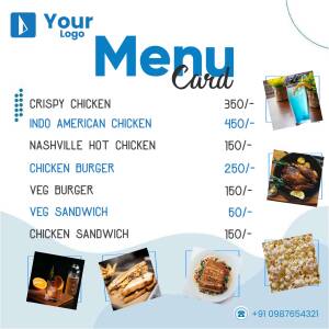 A menu card displaying various chicken and vegetarian options with prices.