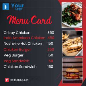 A digital menu card showcasing various chicken and vegetarian options with prices.