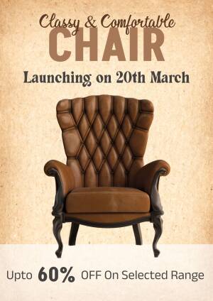 Luxury brown tufted leather armchair on a textured beige background with promotional offer text