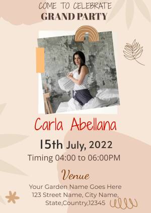Invitation card for Carla Abellana's 15th birthday party with a photo of her.
